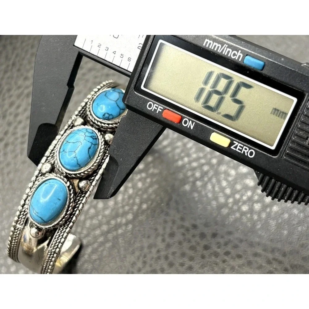 Vintage Faux Turquoise Cabochon Cuff Bracelet Made in India Boho Silver Tone